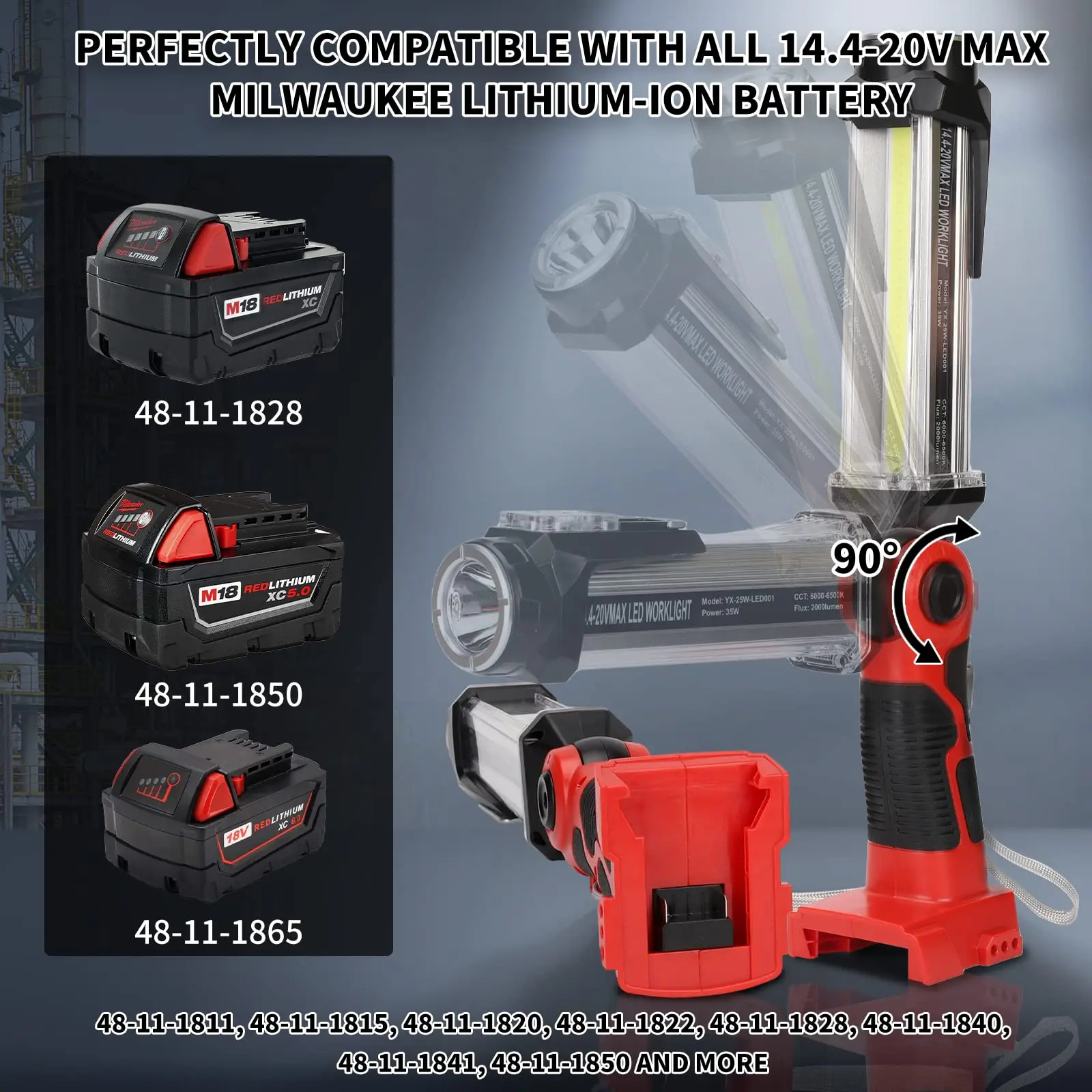 

2000LM 25W Cordless LED Work Light for Milwaukee m18 18v Lithium Battery With Dual USB Port Flashlight 90° Rotating Head Camping