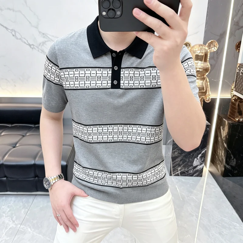 Summer Men's Luxury Casual Repeating Pattern Patched Short-Sleeved Business Casual Polo Shirt