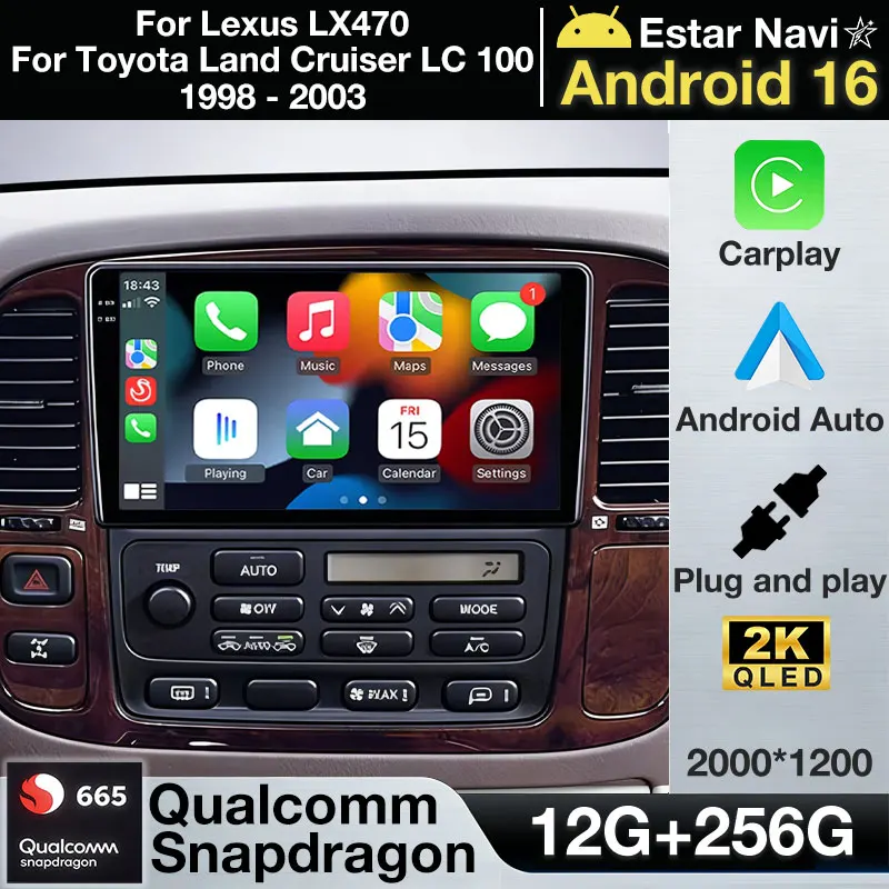 

Android 16 Wireless Carplay For Lexus LX470 For Toyota Land Cruiser LC 100 1998 - 2003 GPS Multimedia Video 360 Camera 4G LTE BT