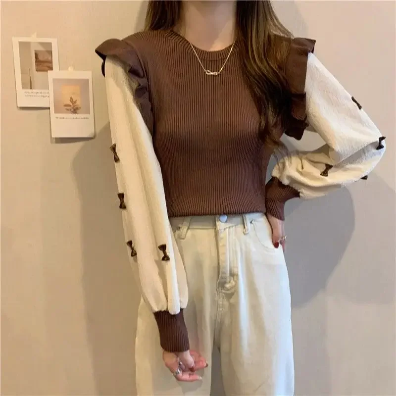 Women's O Neck Lantern Sleeve Spliced Sweater Korean Sweet Casual Knit Tops Bow Printed Pullover Soft Slim Knitwear Jersey V1114