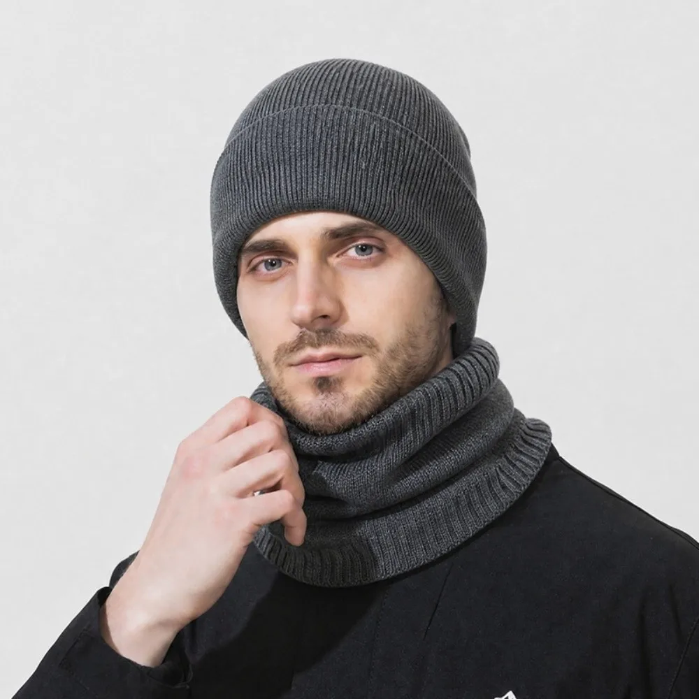 Solid Color Knitted Beanies Stretch Knitted Windproof Winter Hat Crochet Design Ear Protection Couple Hat Scarf Set