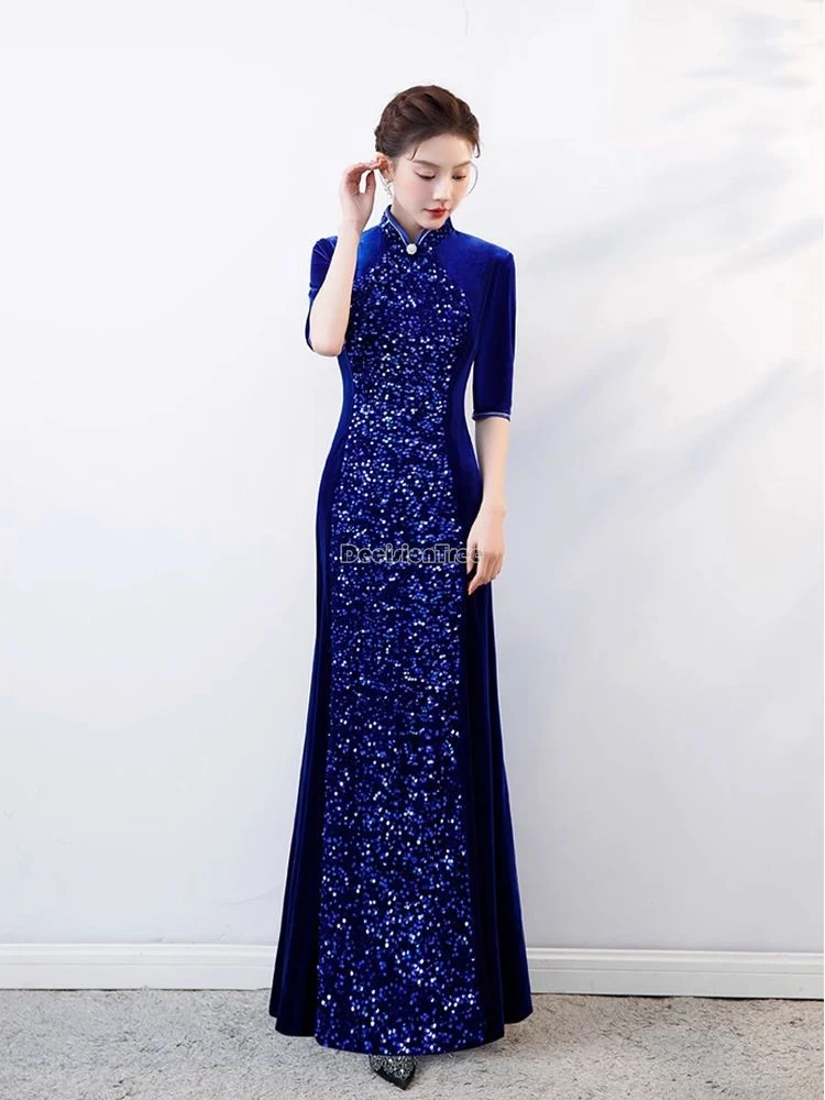 2025 new chinese improved women cheongsam long velvet dress elegant chinese half sleeve stand collar slim party qipao dress w208