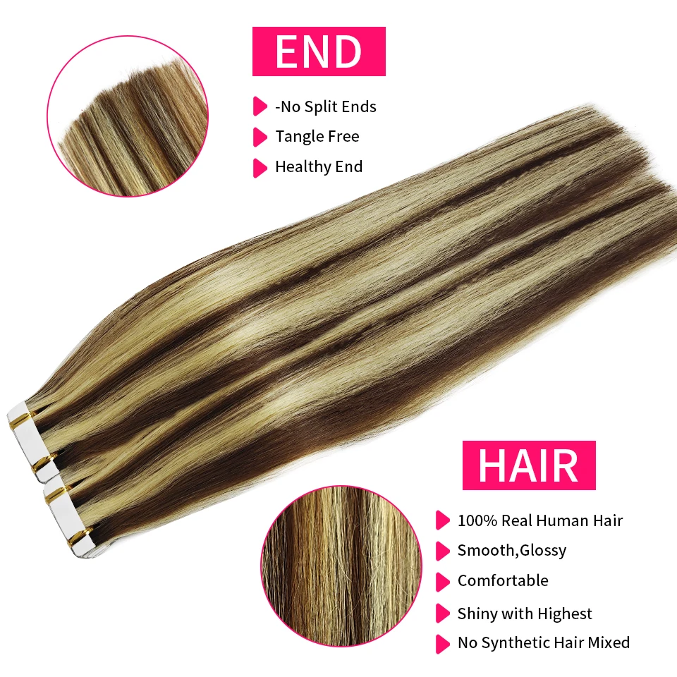 Tape In Hairextensions Menselijk Haar Bruin Tot Blond Kleur Echte Menselijke Remy Hair Extensions Zijdeachtige Steil Hair Extensions # P8/613