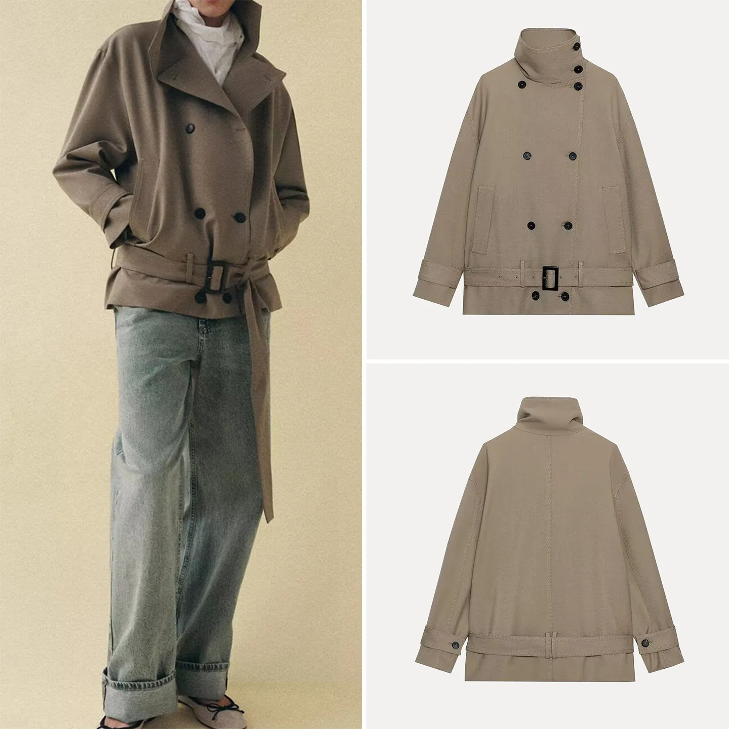 

Women's Spring 2026 New Long Sve High Collar Drifting Belted Jaet Double Breasted Commute Sle Stand Fit Outerwear