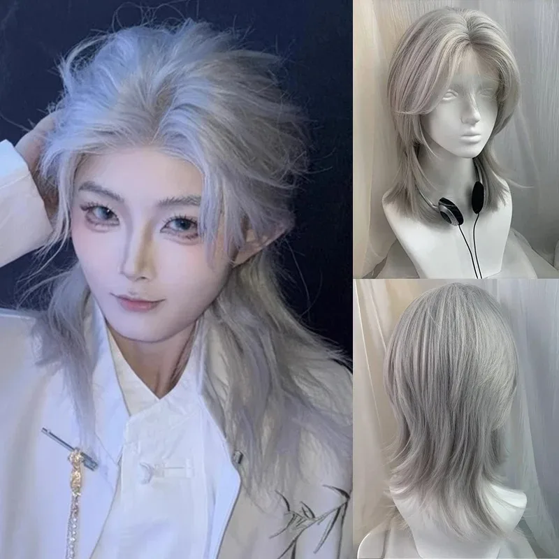 Lolita peruca sintética testa laço lobo cauda curto cabelo encaracolado prata cinza camadas diariamente fofo peruca cabeça cheia unisex diário hallo