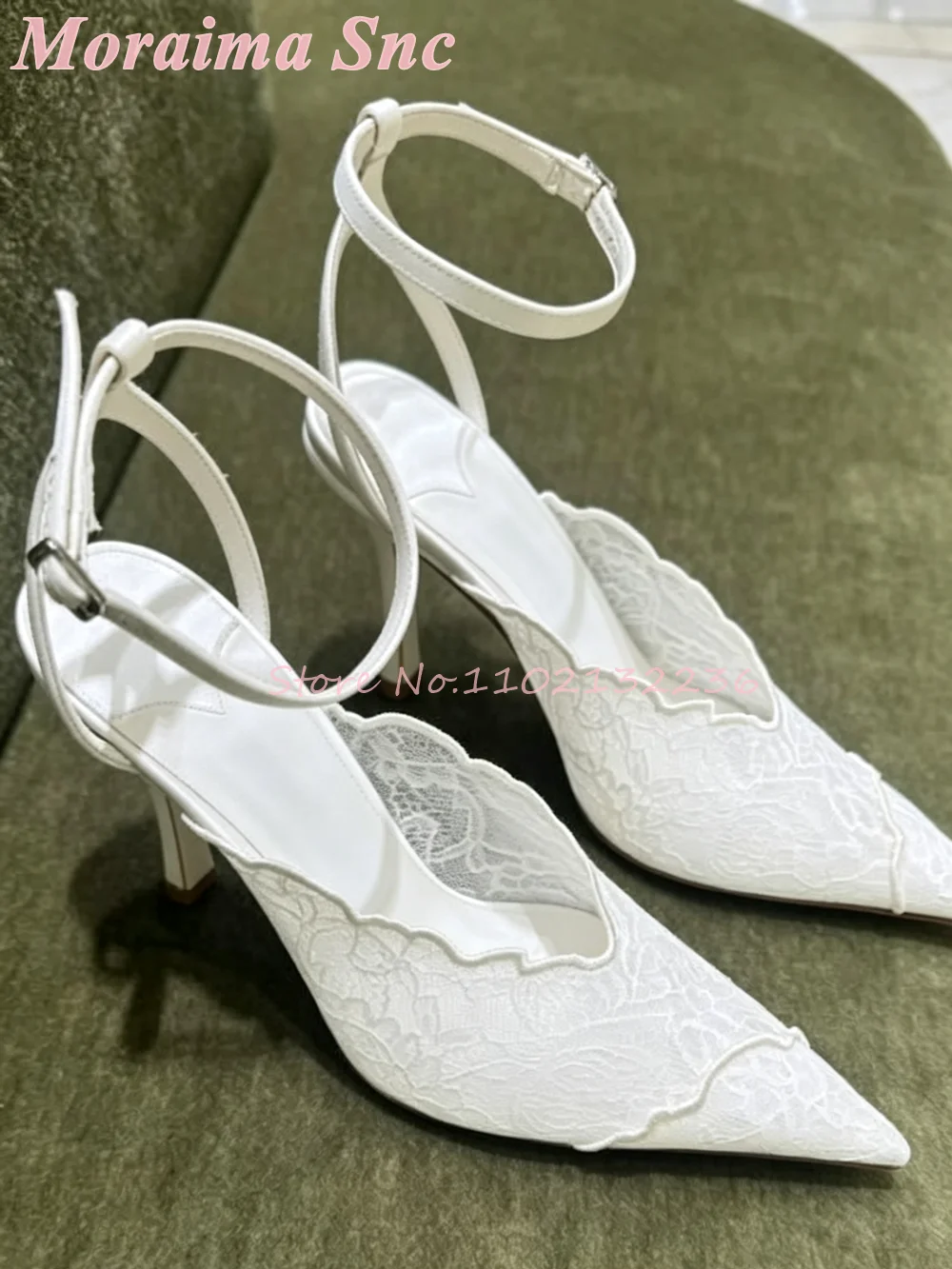 Gold Floral Toe Lace Pointed Toe Sandals Stiletto Heel Buckle Ankle Strap Blush Pink Satin Vintage Bridal Statement Footwear New view 3