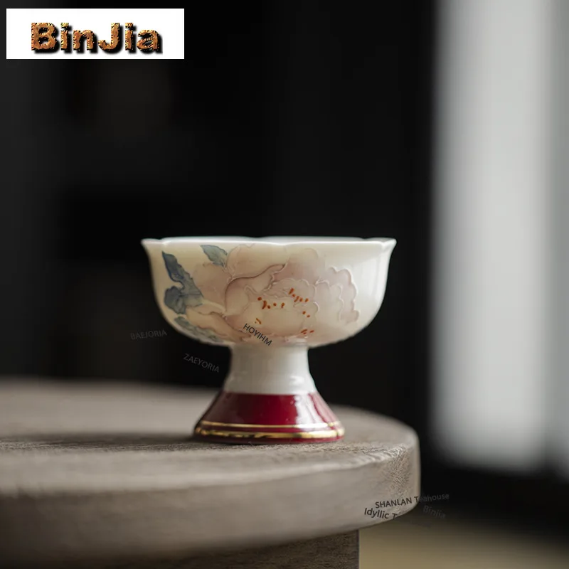 baejoria-65ml-hand-drawn-peony-master-cup-retro-high-foot-large-teacup-high-end-gold-plated-tea-cup-flower-mouth-kung-fu-tea-set