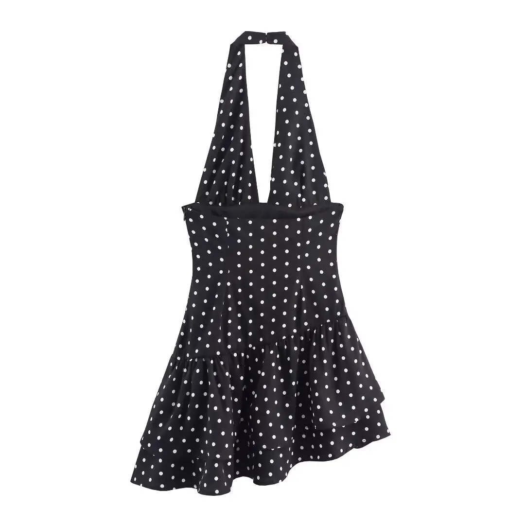 HH Feminino Vintage Assimétrico Polka Dot Mini Vestido Sem Mangas Pendurado Pescoço Decoração Em Camadas Backless Sexy Vestidos de Festa