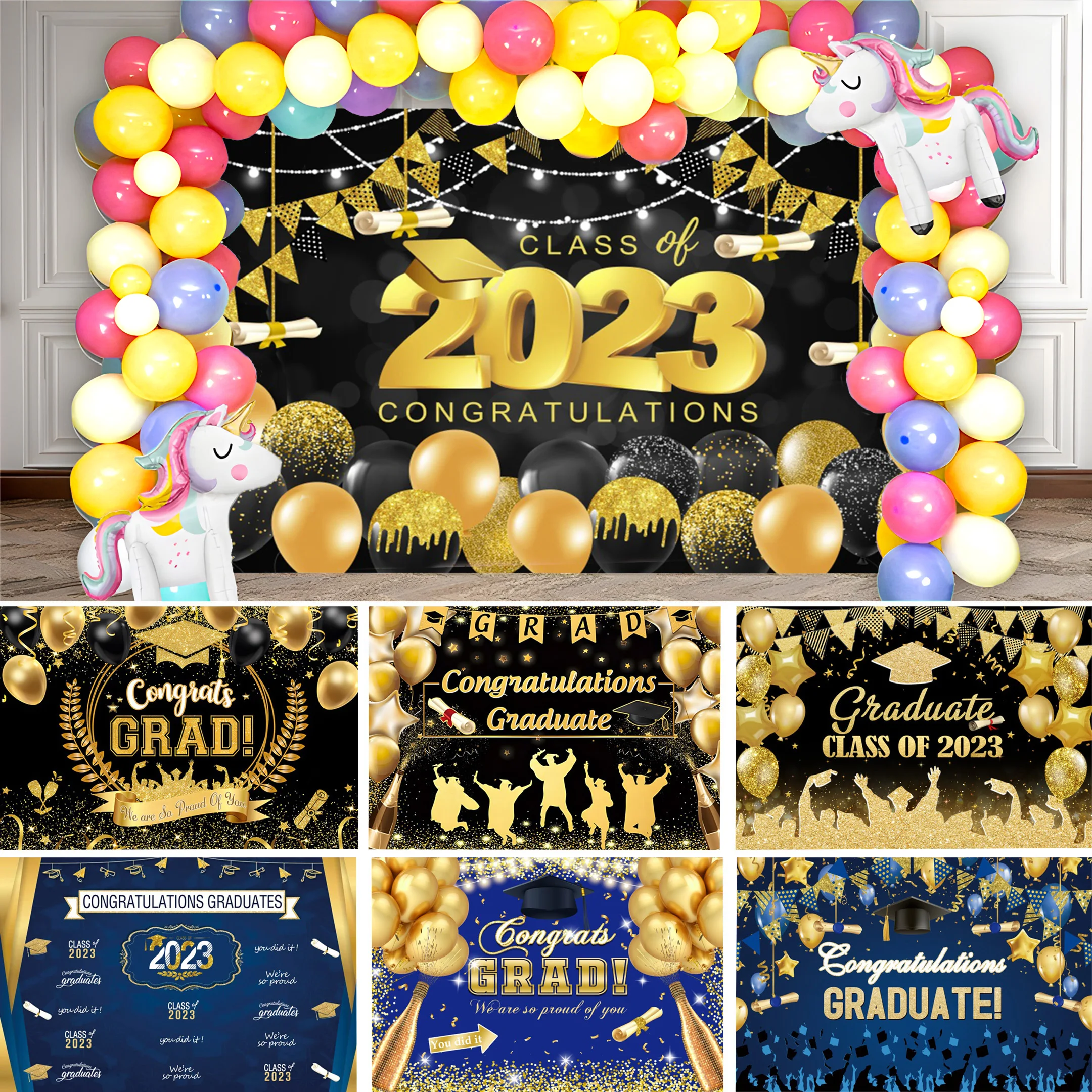 

2023 Congratulate Graduation Party Backdrop Photography Black Gold Decor Glitter Balloon Bachelor Caps Background Banner Props