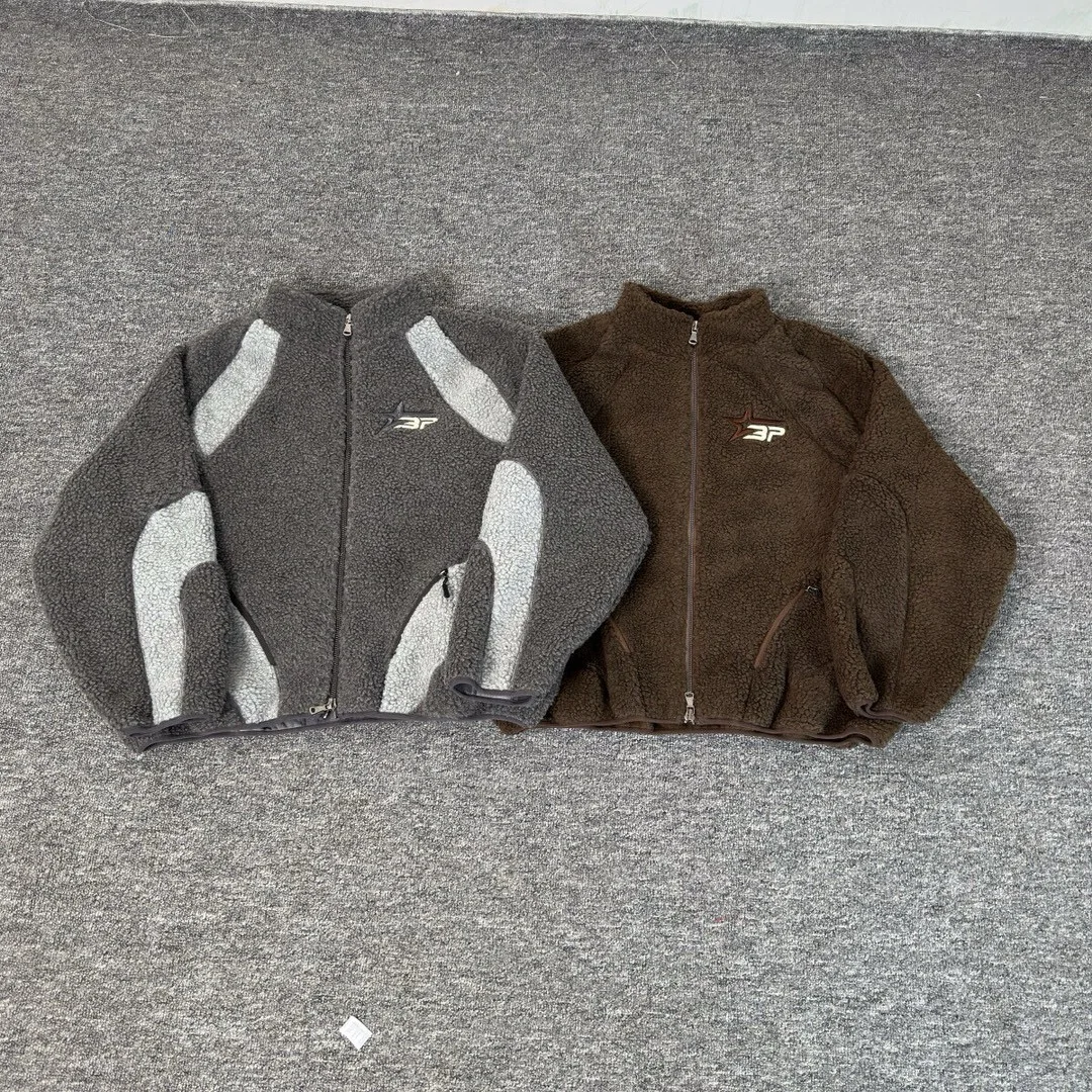 

Men's Lamb Velvet Jaet Autumn Winter Warm Stand Collar Embroidered Letter Patchwork Color Blo Outerwear Casual Loose Fit