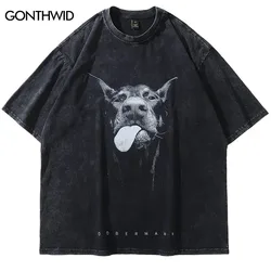 2024 uomini Streetwear Hip Hop T-Shirt oversize divertente Doberman Dog Graphic T-Shirt Vintage Washed Black Tshirt Harajuku Tee Cotton