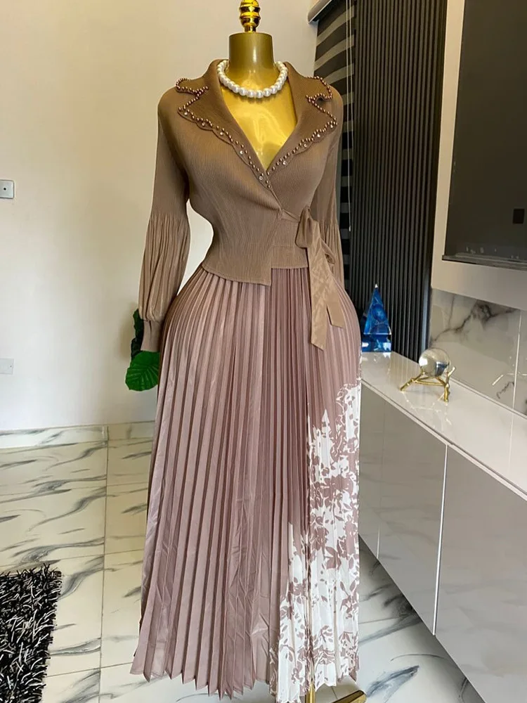 فستان WHTREND بطيات مرقعة للنساء فساتين مطبوعة بأكمام طويلة مع ضمادة مطرزة بالخرز أزياء نسائية #2