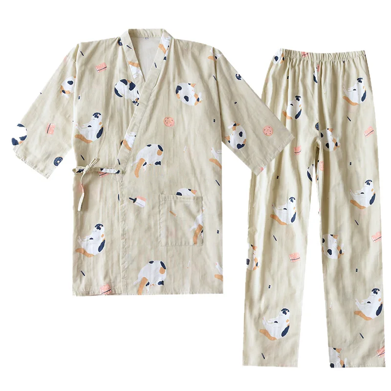 100% Cotton Women Two Pieces Pajamas Open Stitch Half Sleeve Cartoon Print Pajama V-Neck Tops With Pants Pajamas