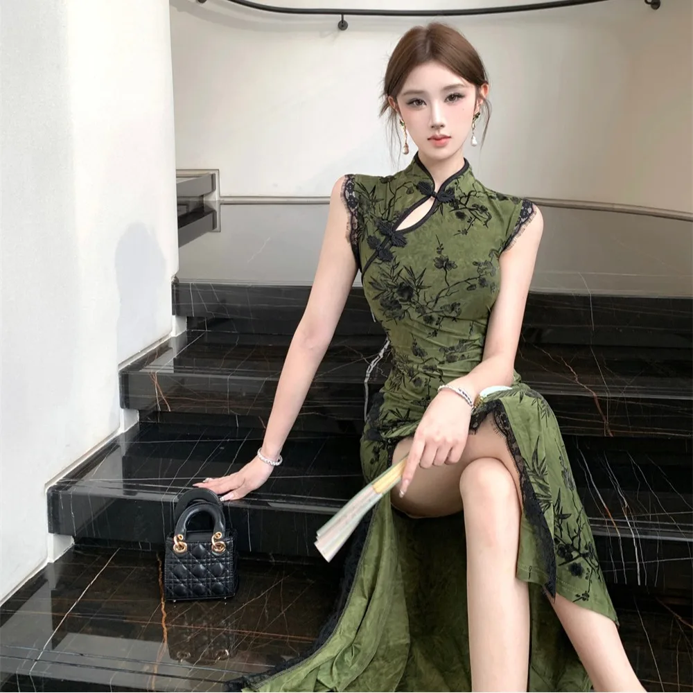 Slimming Ice Silk Velveted Sleeveless Stand Collar Dress Elegant High Waist A-Line Long Skirt Vintage New Summer Fashion view 4