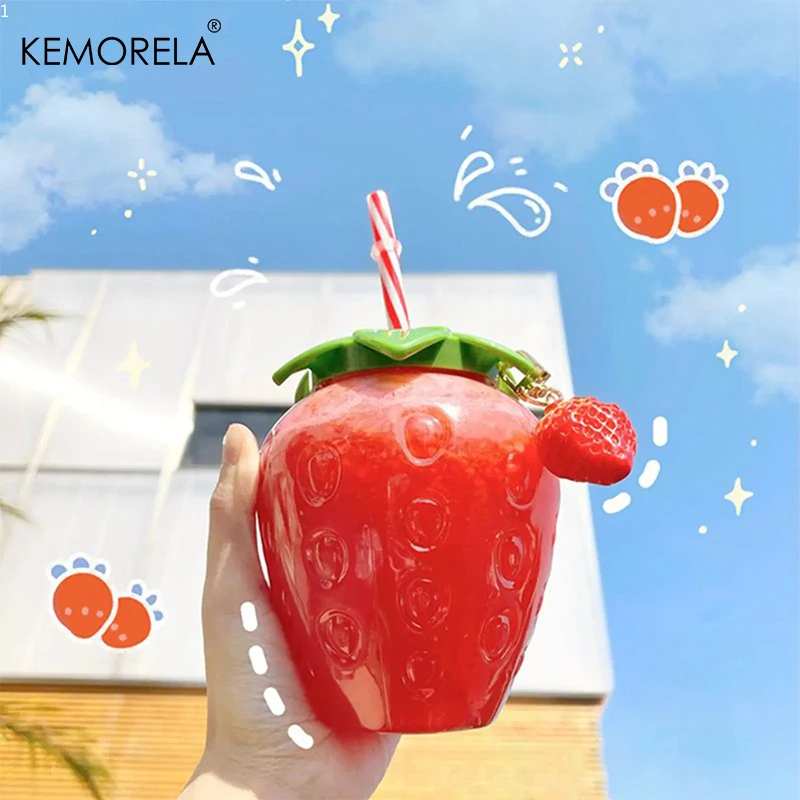 New Summer Cute Strawberry Cup With Straw Creative Clear Plastic Water Bottles For Girl Student Portable Cold Drink Water Cup