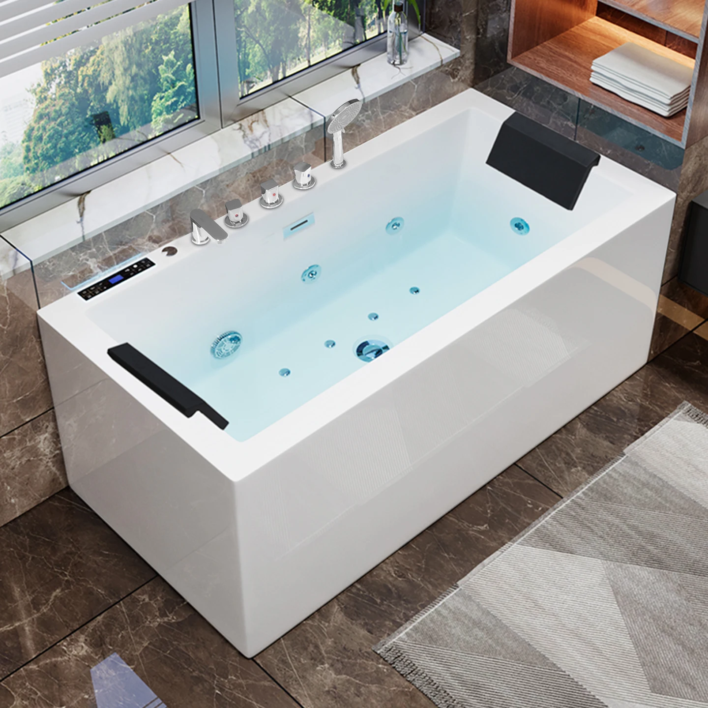 Luxury Modern 1.7-Meter White Rectangle Bubble Massage Whirlpool Bathtub Vortex Free-Standing Square Design for Large Apartments