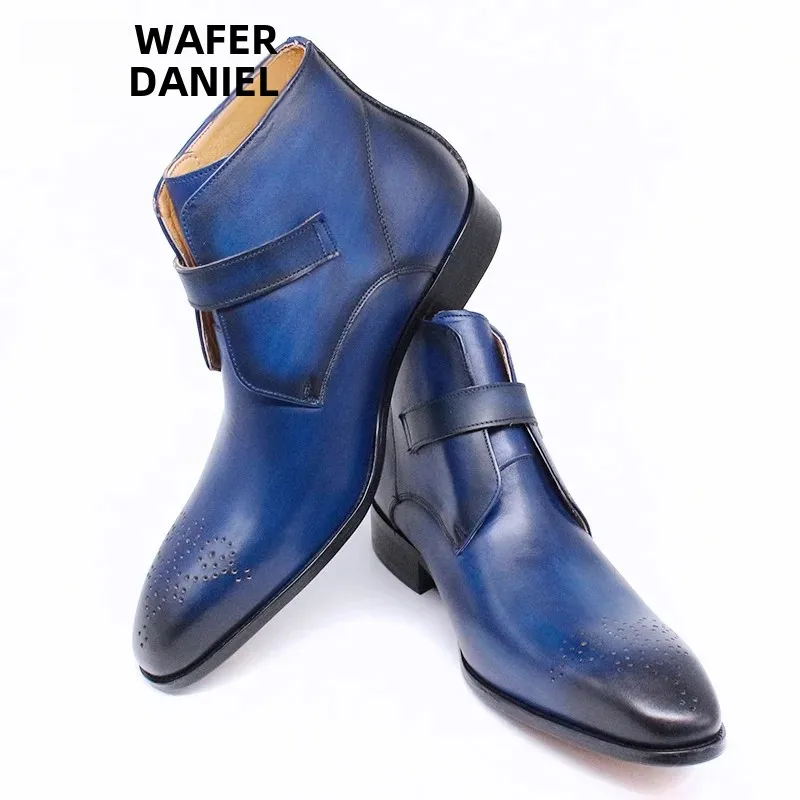 Luxury Men\'s Genuine Leather Ankle Boots Black/Blue Pointed Toe Slip-On Dress Shoes with Buckle Strap Casual Basic Style