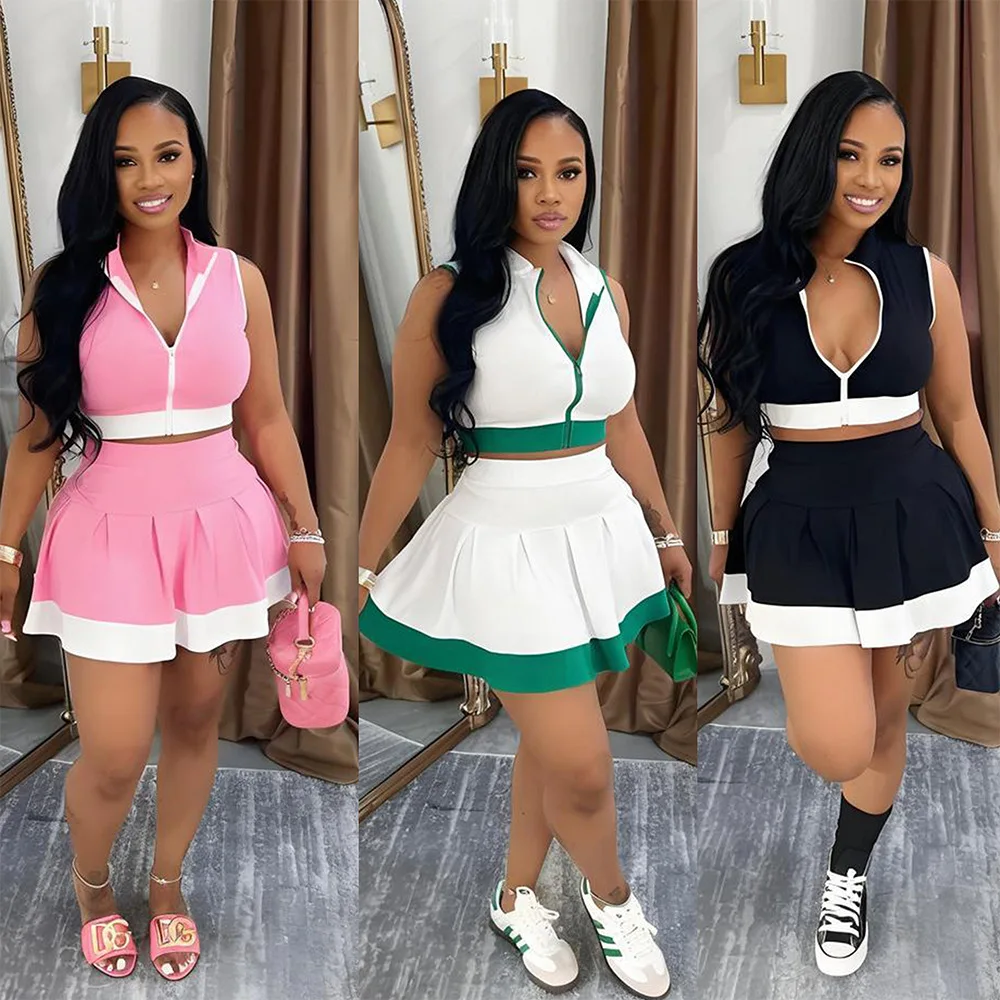

Cute Girls Zipper Front Crop Top And Ruffles Skirt Set Summer Tracksuits Set Two Piece Dress Sporty Tennis Active Set 2025 New