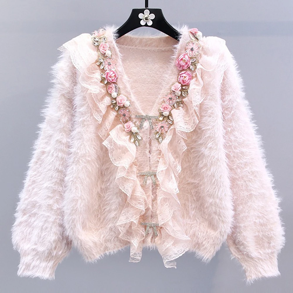 

Women's Knitted Fake Mink Fur Sweater Autumn Winter Japanese Nail Bead Ruffles Edge Design Knitted Cardigan Trend Female Tops