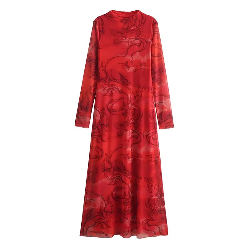 

Red Printing Silk Screen Dress The Year of the Loong Slim Fit Long Sleeved Chinese Festive style Silk texture Dress