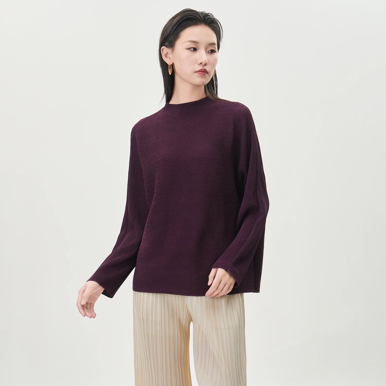 Miyake Fold 2025, herfst/winter dames T-shirt met lange mouwen, damesmode, losse grote effen kleur, veelzijdige mode-top herfst