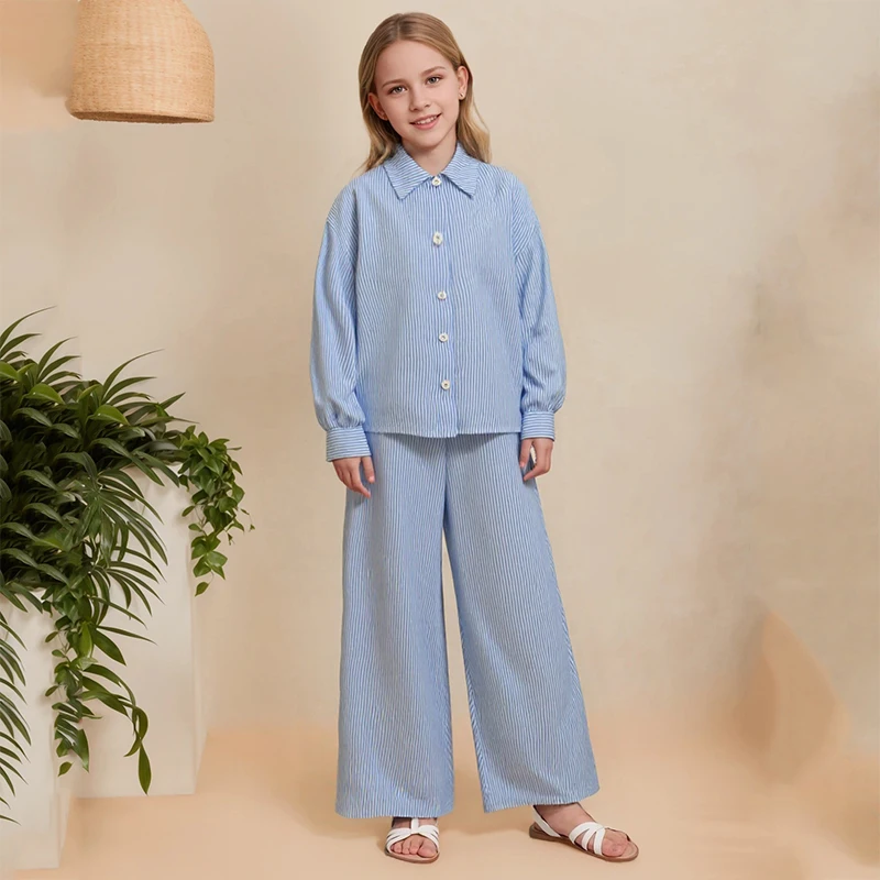 New Spring Autumn Children\'s Clothing Sets 2Pcs Girls Blue Striped Long Sleeve Chemise + Casual Loose Straight Leg Pants 8-12Y