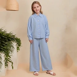 New Spring Autumn Children's Clothing Sets 2Pcs Girls Blue Striped Long Sleeve Chemise + Casual Loose Straight Leg Pants 8-12Y