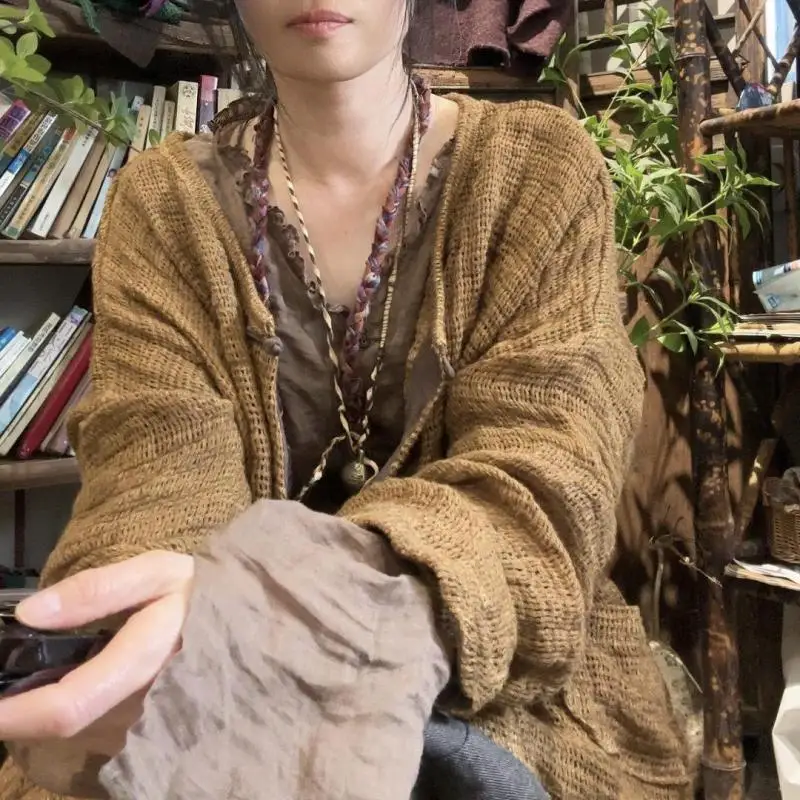 

New Spring Autumn Women Long Sleeve Loose Short Coat Vintage Thick Linen Single Breasted Solid O-neck Jackets High Quality SN40