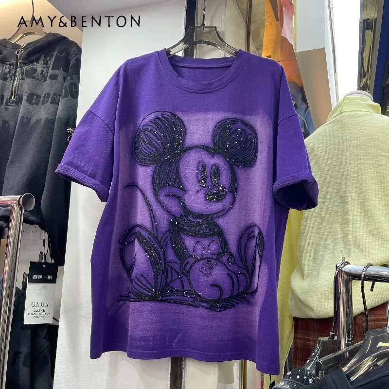 

European Style New Sweet Cute Tshirt Pullovers For Women's New Heavy Craft Kawaii Cartoon Embossed Loose Mid-Length Top T-shirt