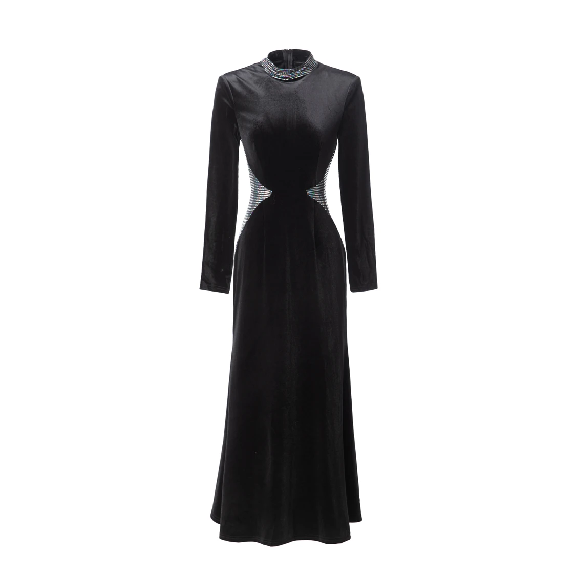 Zwart fluwelen maxi-jurk met lange mouwen voor dames, jurk met hoge hals, rand met kristallen kralen en uitsnijdingen aan de zijkant, elegante avondjurk