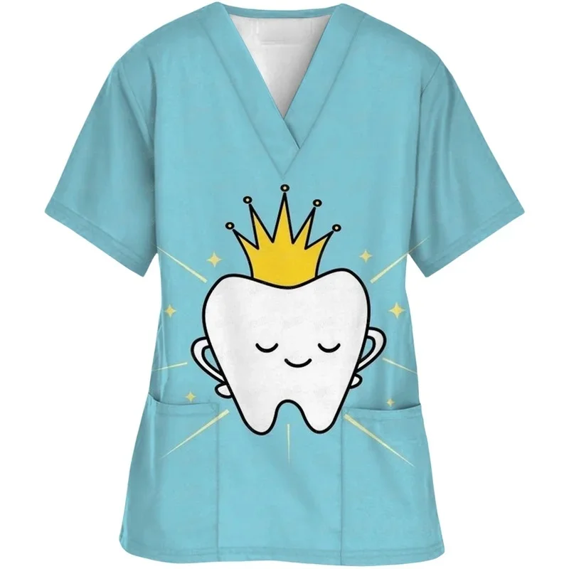Women's dental healthcare short-sleeve shirtTShirt3DTooth printVCartoon dentist clinical workwear with tie pocket