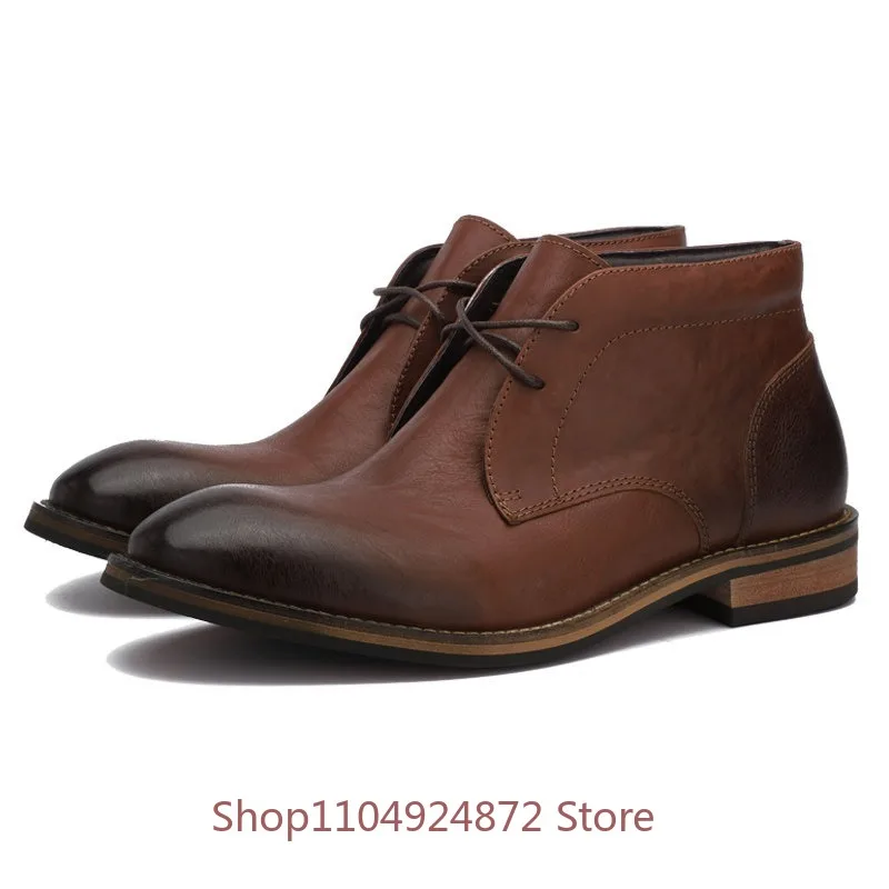 Handmade Ankle Boots Men's Shoes High Top British Style Genuine Leather Round Toe Cowboy Lace Up Trendy Business Chelsea Boots