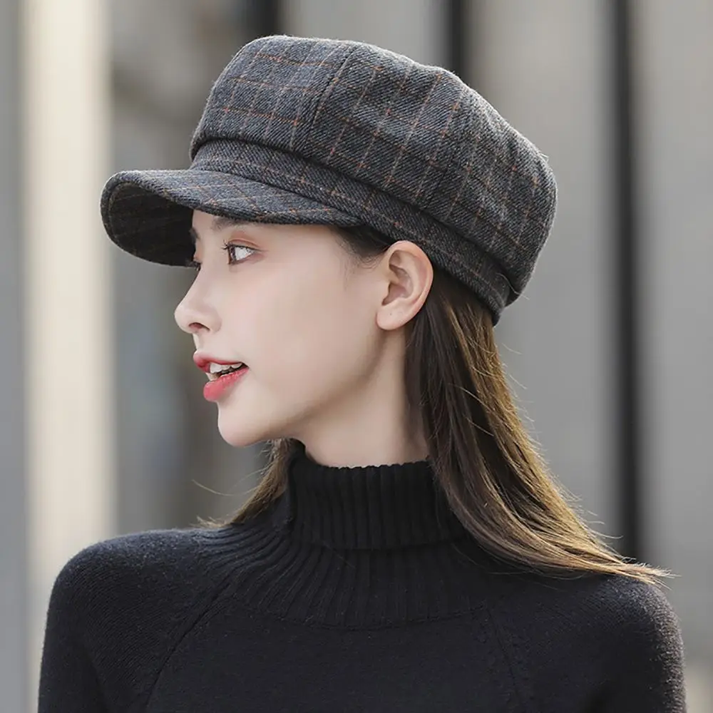 

Casual Artist Hat Wool Korean Girls Keep Warm Octagonal Hat Women Caps Painter Hat Plaid Beret