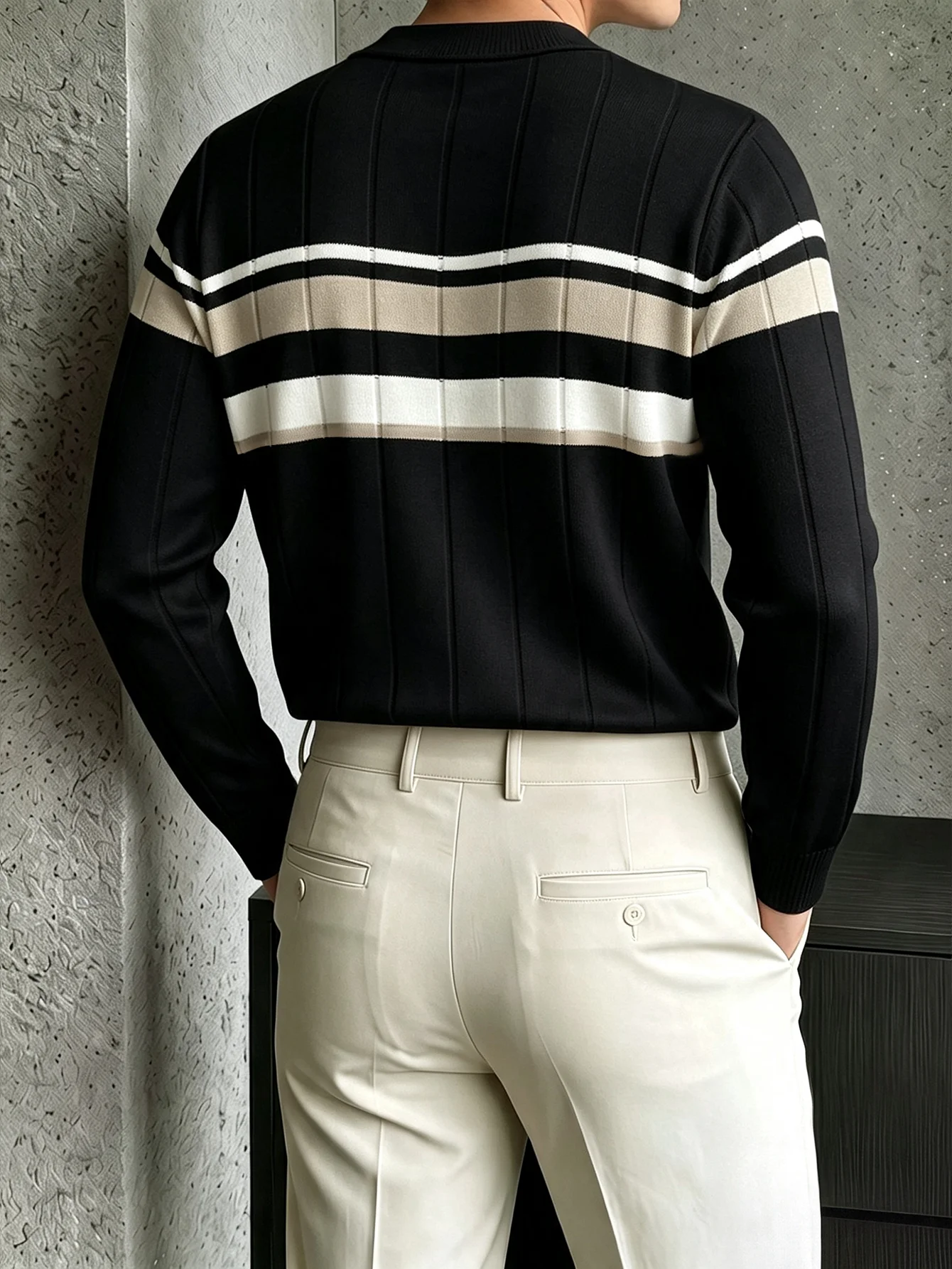 Vertikal geripptes Herren-Polohemd mit Streifen, langärmelig, mit Reverskragen, schmal geschnitten, lässig, für Business-Anlässe, Herrenoberteil, Polera Hombre – Detail 8