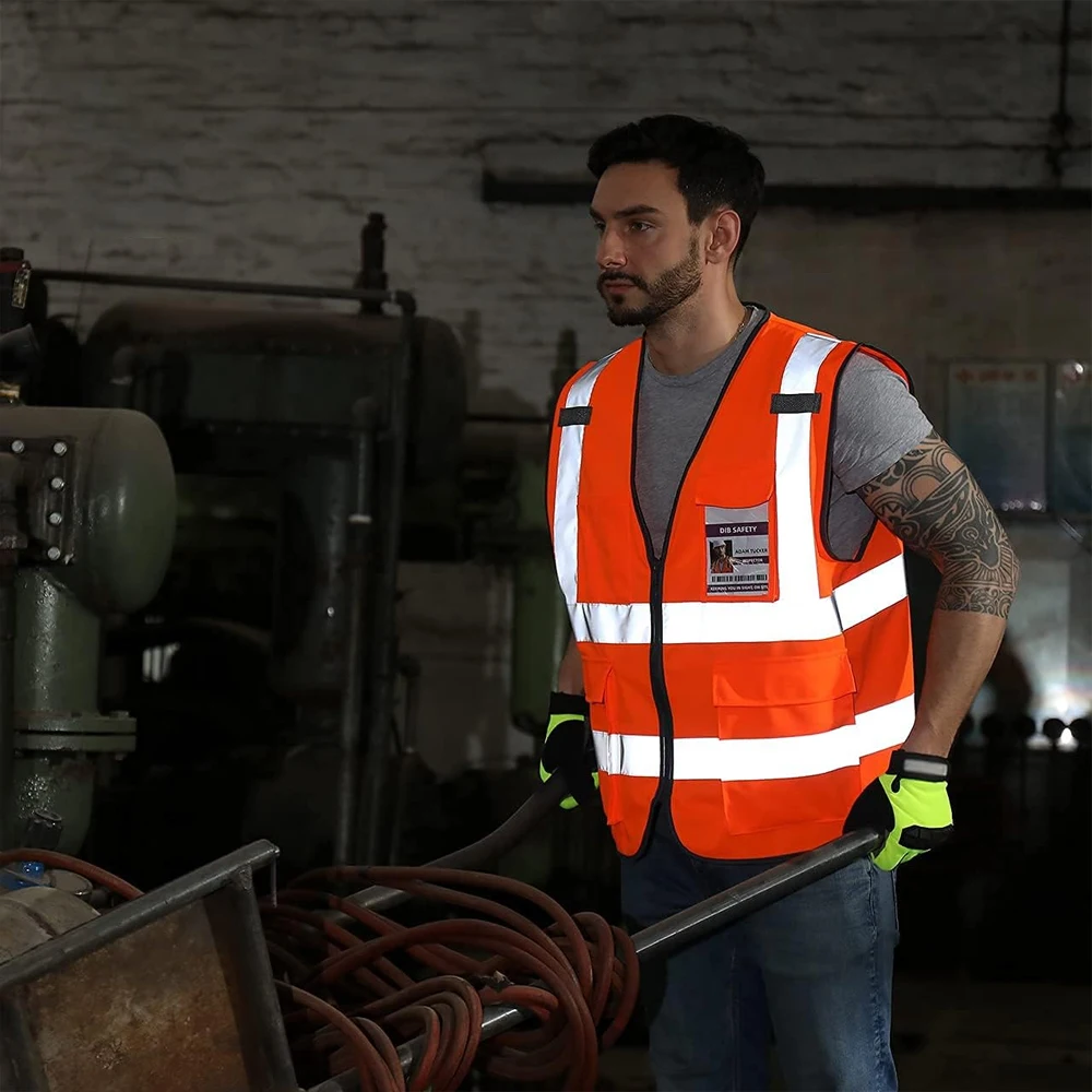 Chalecos reflectantes de seguridad para el trabajo, ropa de trabajo Industrial de alta visibilidad con bolsillos y cremallera, color naranja, hivis