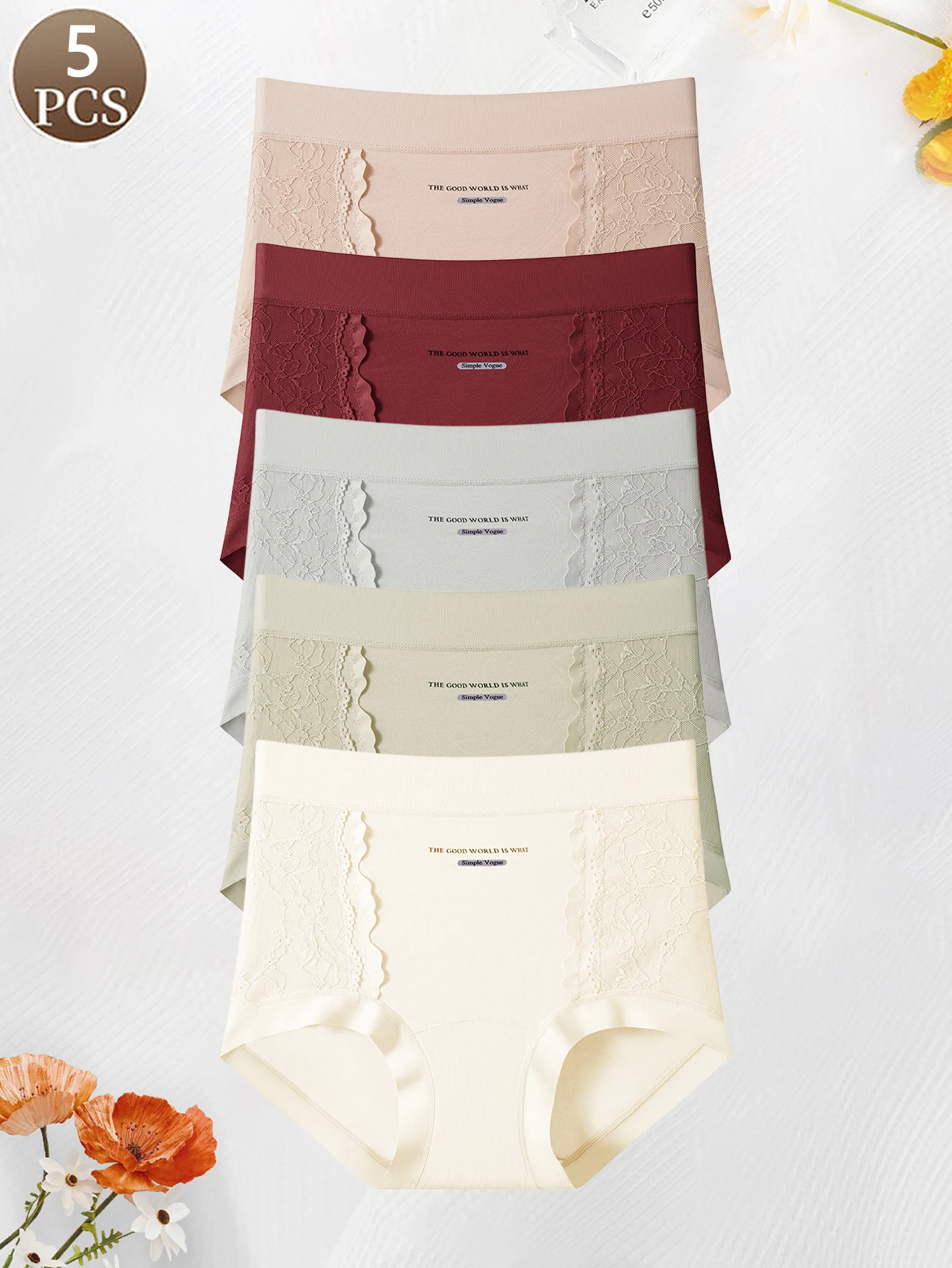 5PCS women's panties lace letter printed casual sports underwear high waist soft and comfortable women's briefs
