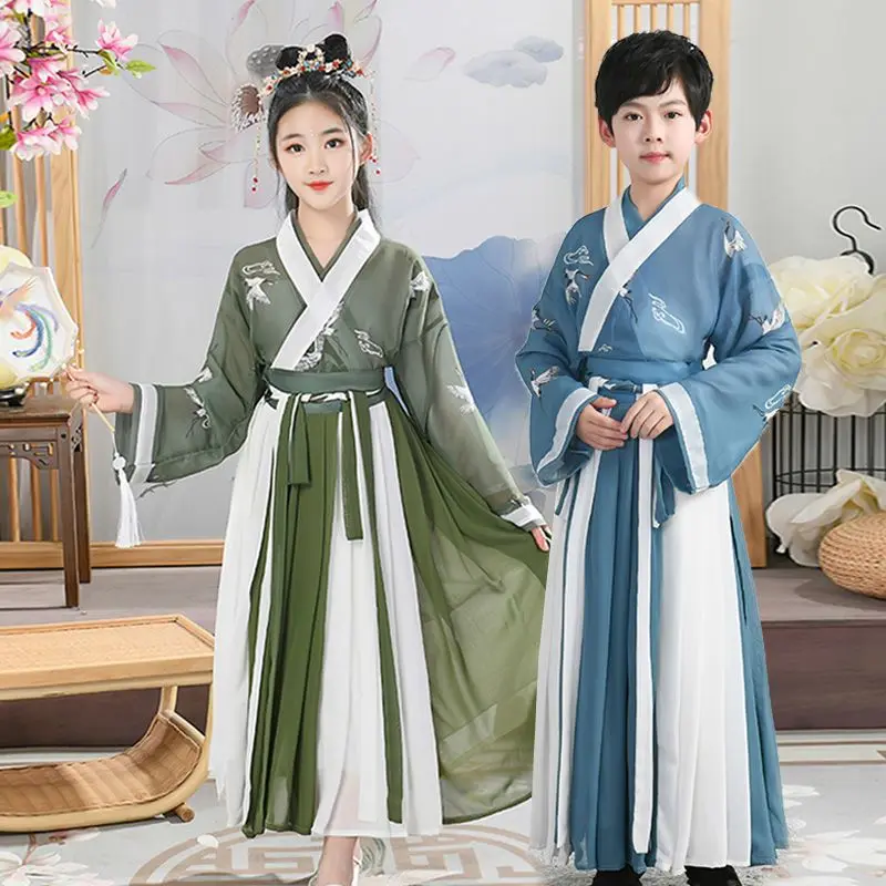 Hanfu vestido chinês antigo traje crianças roupas folclóricas desempenho dança vestidos tradicionais para o menino e menina