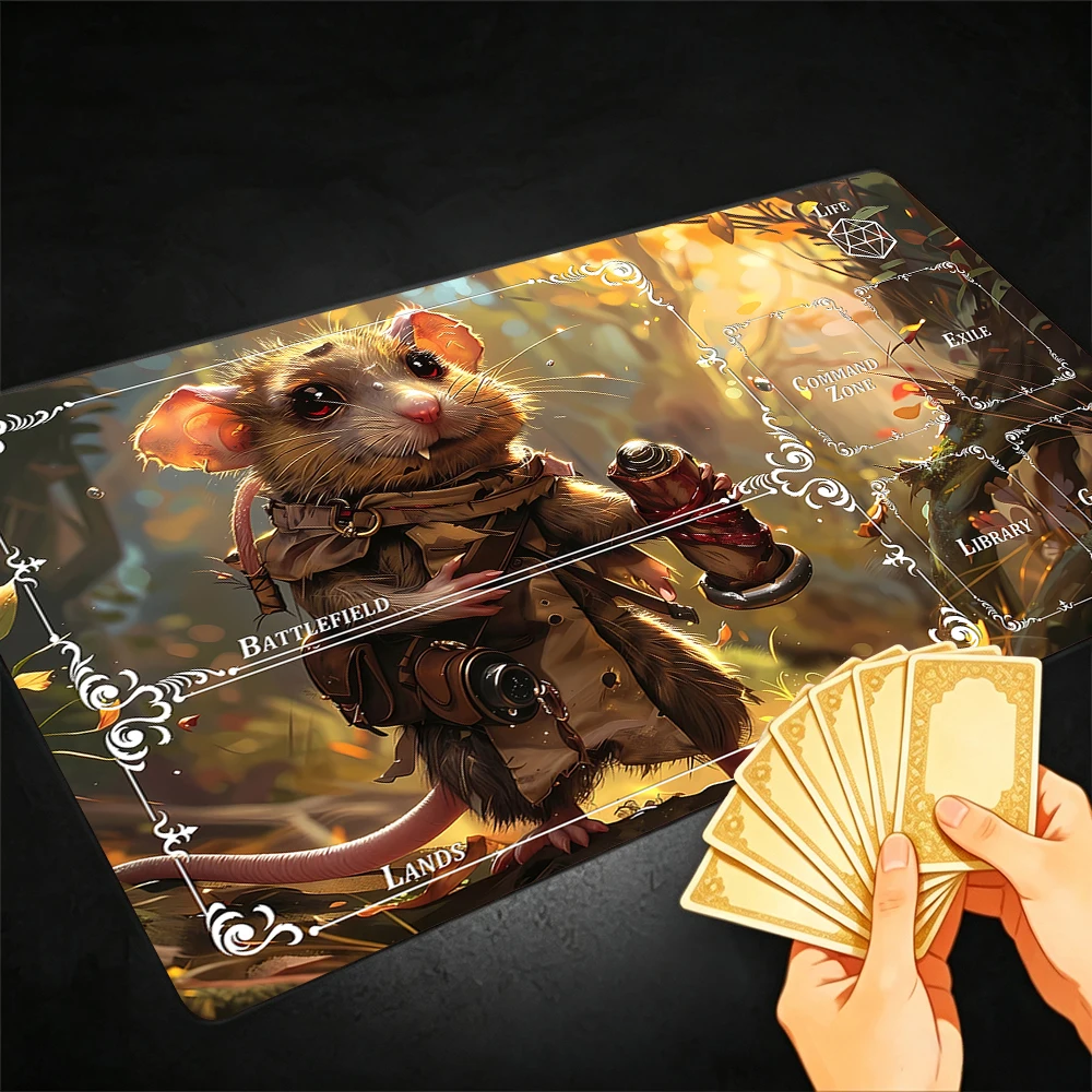Cute Rat Explorer TCG Playmat Magic Playmat Gathering Gaming Mat with Stitched Edge Anti-slip base 60X35cm Trading Card Game