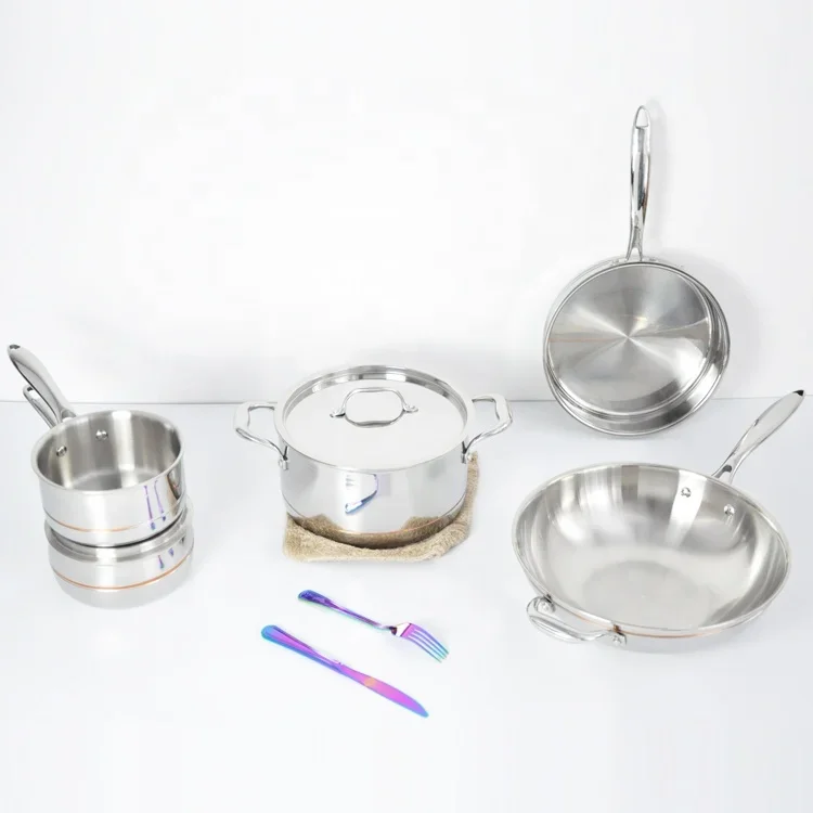 Wholesale High Quality 10 Pieces 5 Layer Stainless Steel Copper Core Cookware Set For Kitchen Cooking Copper Pots