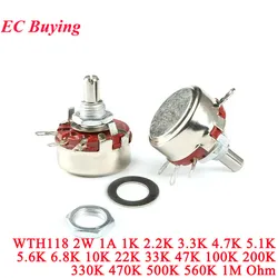 2Pcs/1pc WTH118 2W 1A Potentiometer 1K 4.7K 10K 47K 100K 220k 330K 470K 1M ohm Round Rotary Shaft Resistor Resistance WTH118-1A