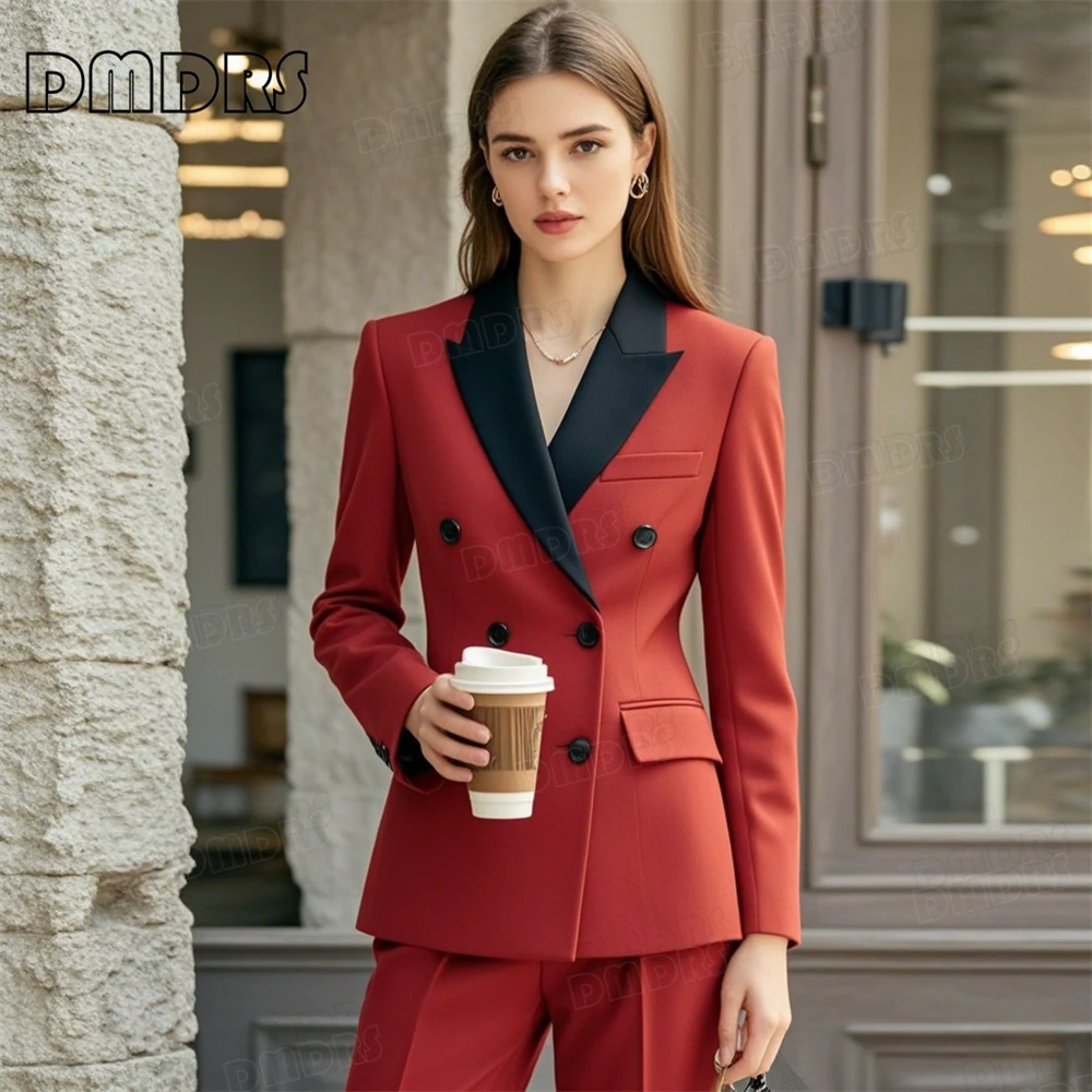 

Vintage Women's Two Pieces Suit Set, Double Breasted Blazer with Black Peak Collar, Slim Fitting Tuxedo Pants Set Many Colors