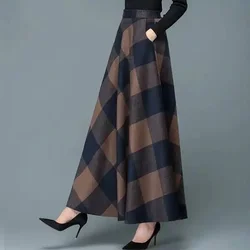 Autumn Winter Woolen Plaid Skirt Women's Long A- line Big Hem Dress High Waist Long Skirt Woman Mujer Faldas Saias Mulher
