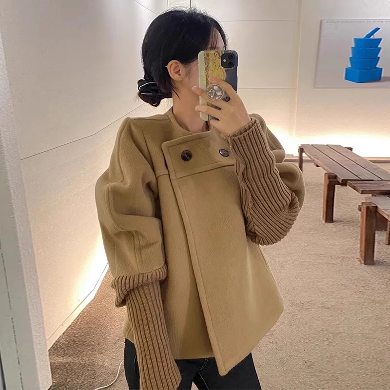 

Korean Autumn Winter Women O Neck Puff Sleeve Knitting Patchwork Wool Tweed Fashion Elgant Loose Casual Coat Outwear