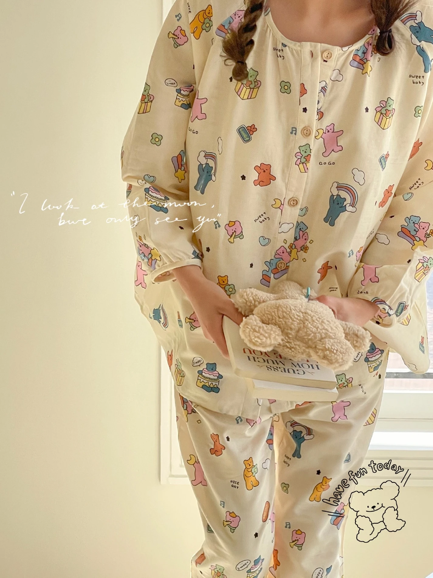 

Korean Sle Spring New Cute Cartoon Bear Cotton Gauze Loose Button round Ne Long Sve Spwear Home Clothes Women