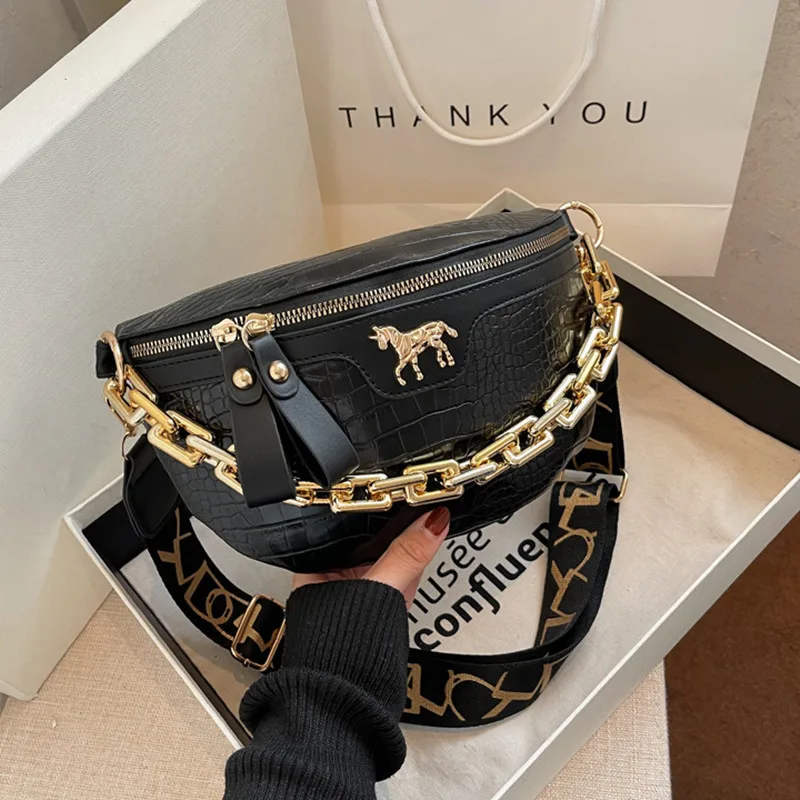 

Thick Chain Women's Waist Bag Fanny Pack Fashion Shoulder Crossbody Chest Bags Female Belt Bag Crocodile Shoulder Bag