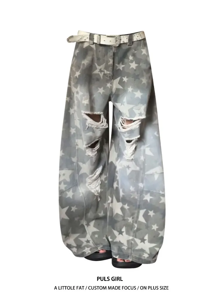

Large Size American Street Style Faded Star Print Hole Denim Jeans Women's Casual Loose Wide Leg Long Trousers