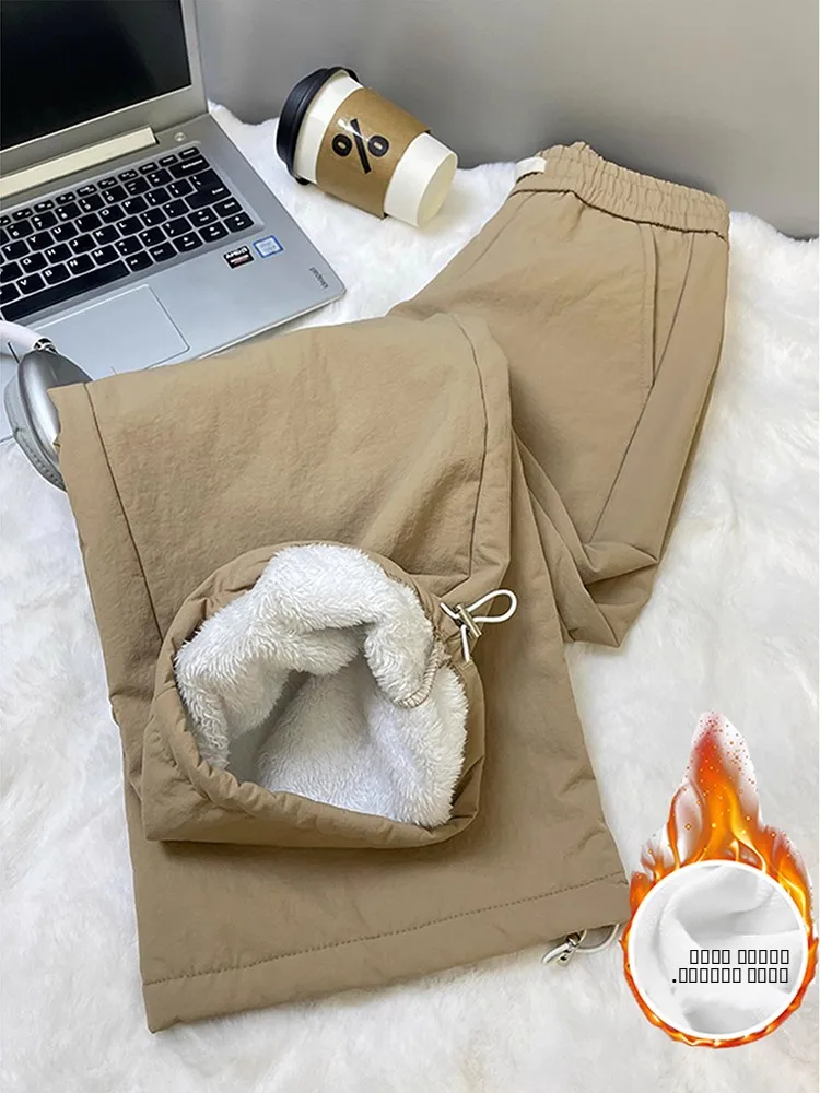 

Khaki Thiened Arctic Fce Cotton Pants Men Women Winter Outdoor Skiing Warmth Resistant Trousers Straight Leg Casual Pants