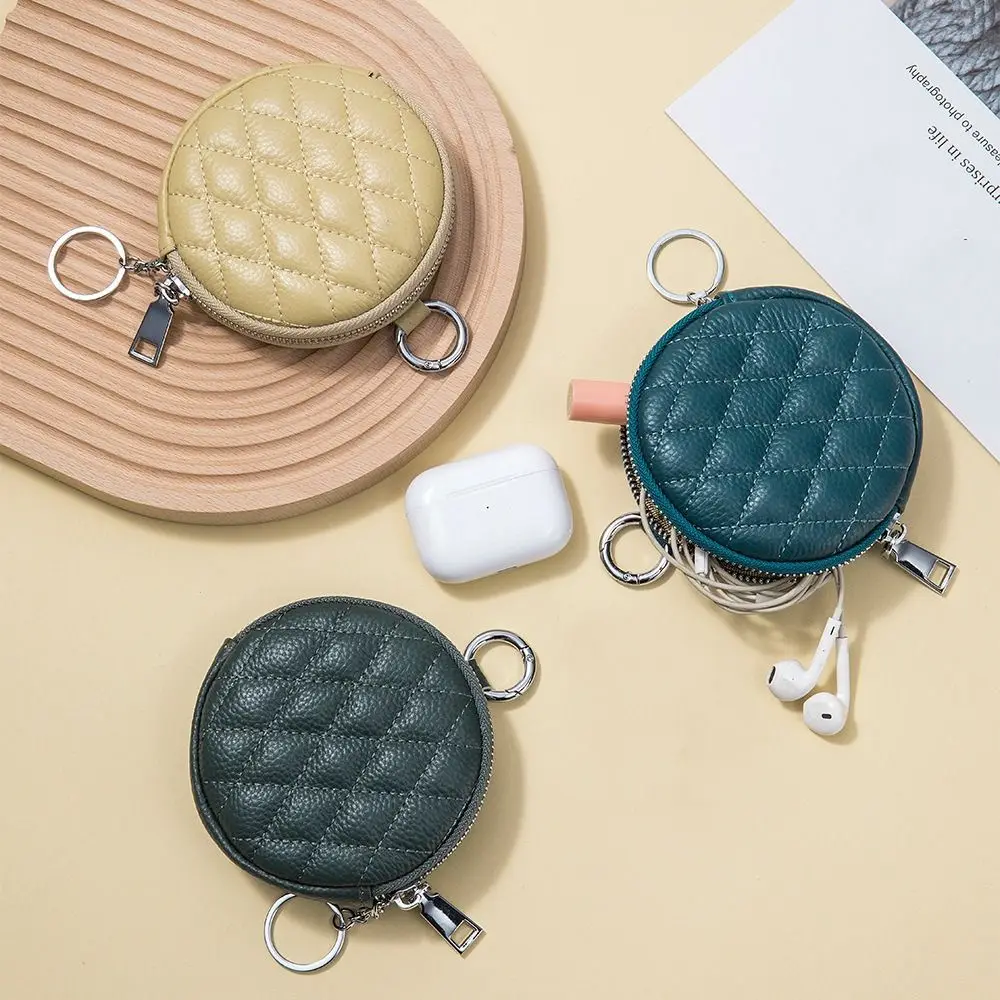 Genuine Leather Round Coin Purse Pendant Portable Car Keychain Mini Bag Key Ring Earphone Pouch with Zipper Card Holder Bag Case