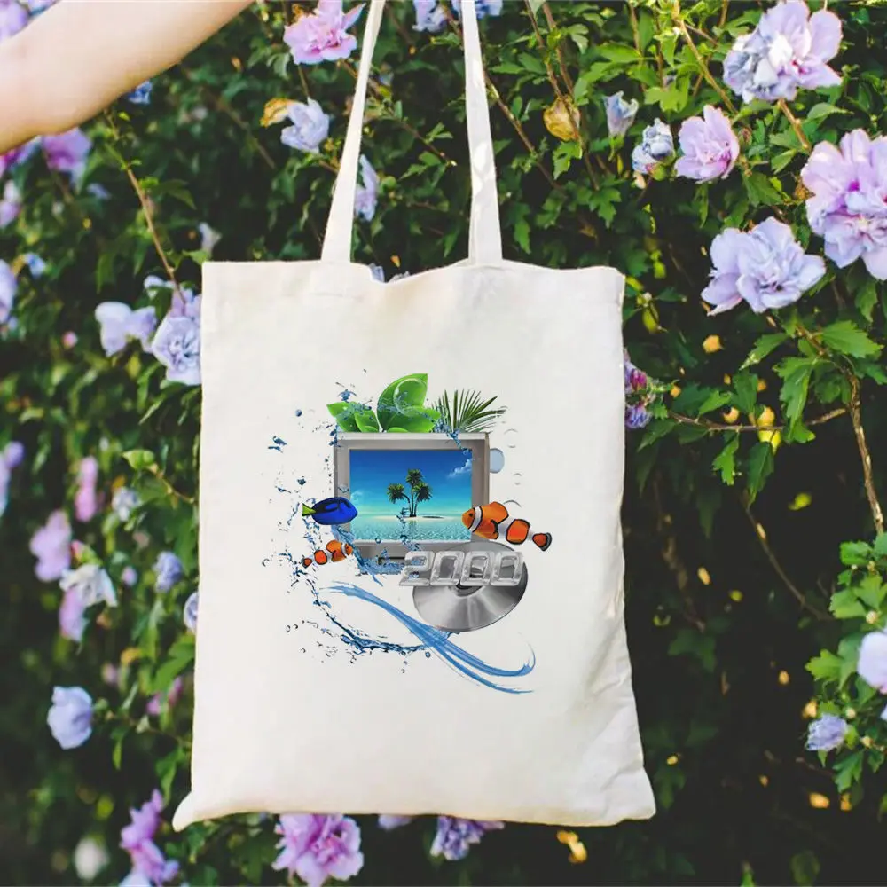 مكتبة Frutiger Aero Boutique المعزولة قابلة للطي بالجملة حقيبة تسوق عصرية طباعة فنية نمط فريد مستدام