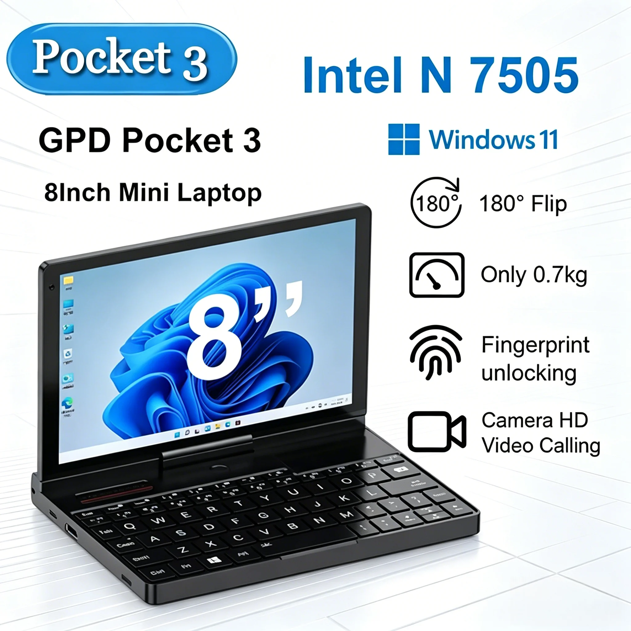 Raging Ultra-Fast GPD Pocket 3 Mini Laptop 8Inch Intel Gold 7505 Notebook 16GB 512GB SSD Modular Featured Handheld Windows11